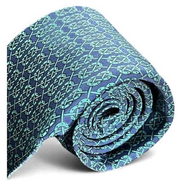 Hermès Paris Silk Tie Navy Teal Horseshoe Polo Mallet Equestrian Pattern EUC - Picture 5 of 10